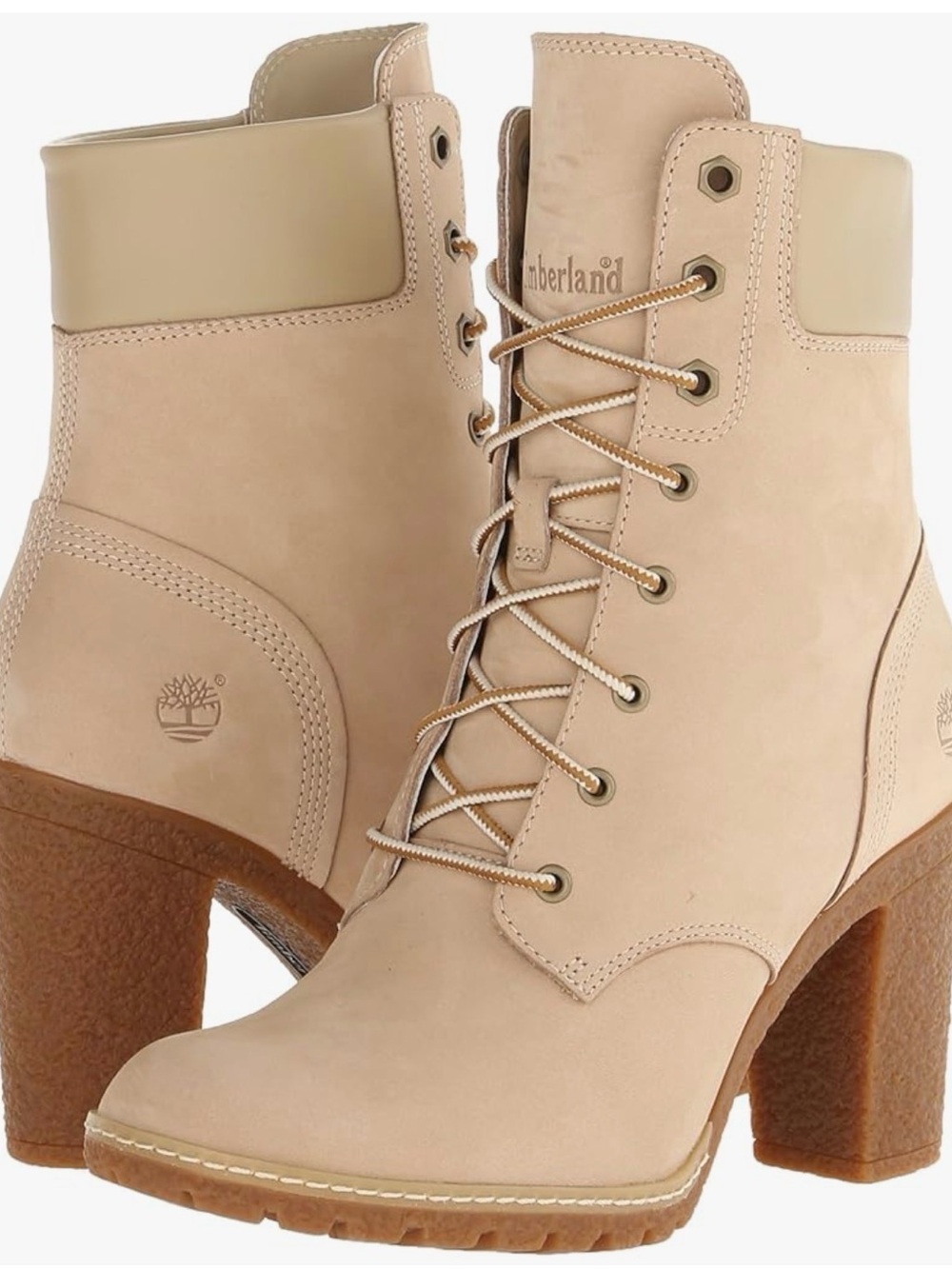 Timberland Glancy premium Nubuck lace up, high top boots. Soft tan.